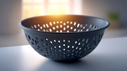 A black bowl with holes in it sits on a table