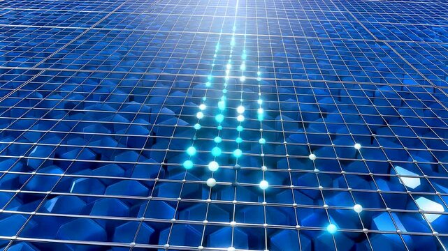 Extreme macro of a blue silicon solar panel surface as sunlight creates star flare and glowing electrons move across silver grid under energy rays