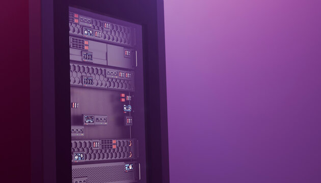 Server rack with purple lighting in a modern datacenter environment