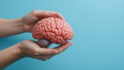 World Mental Health Day concept: adult hands holding a model of an autistic brain on a bright blue background, stroke, epilepsy, and Alzheimer's disease