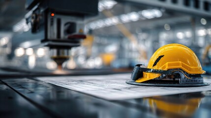 Hard Hat and blueprint on Factory Machine: A close-up captures a bright yellow hard hat resting atop a blueprint, highlighting the precision and attention to detail required in industrial processes.