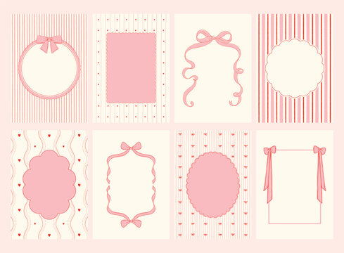Set of Hand-Drawn Whimsical Frames for Valentine&rsquo;s Day in Soft Pink and Cream Tones, Featuring Ribbons, Bows, and Playful Decorative Elements