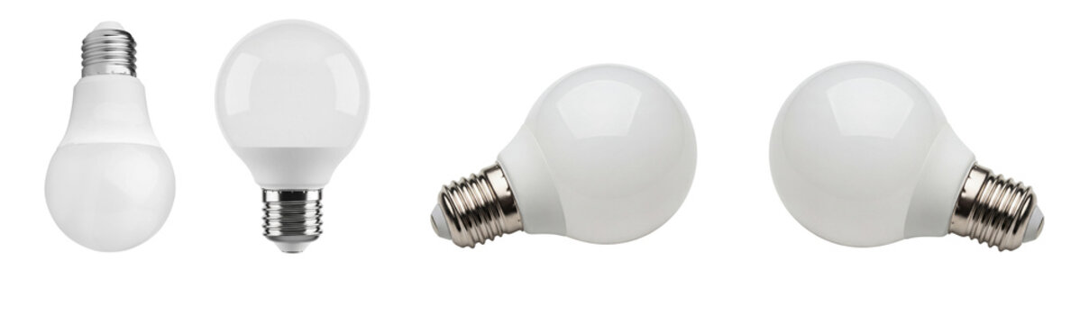 realistic illustration of multiple modern led light bulbs with e27 and e14 screw bases on a clean transparent background.