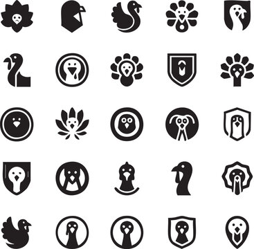  Large set of minimalist turkey bird icons and logos for Thanksgiving and farm branding