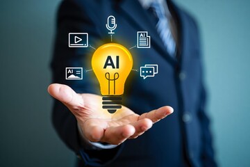 A businessman's hand presses a touchscreen button while holding a light bulb to symbolize a successful start and a bright technology idea for the future of network communication