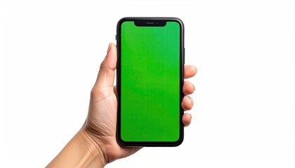 Hand holding a black smartphone with green screen on white background