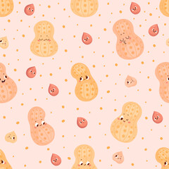Cute peanuts seamless pattern. Peanut in shell and beans. Funny snacks characters. Cartoon print template for fabric design, nowaday vector background