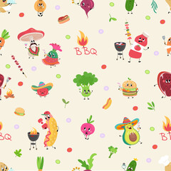 Cartoon bbq food seamless pattern. Positive vegetables, burger, hot dog, mushroom. Foody funny print for fabric, wallpaper, wrapping, nowaday vector background
