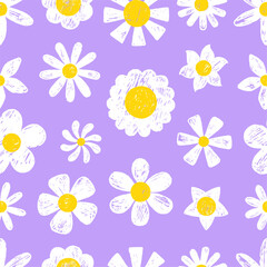 White daisy seamless pattern. Chalk style drawing chamomiles, spring summer blooming flowers. Art print for fabric wallpaper backdrop, neoteric vector background