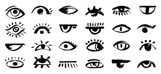 Doodle grunge eyes. Human eye with lashes and eyeball, ink paint brush bold stroke drawing. Decorative creative design elements, neoteric vector set