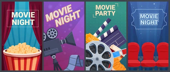 Cinema posters. Movie night invitation card templates. Entertainment or show banners with camera, popcorn bucket, red cartoon chairs, sapid vector set