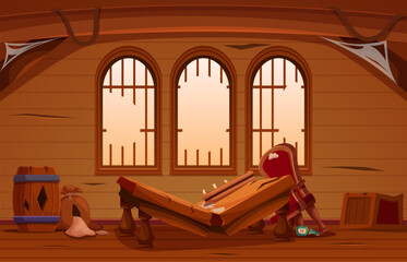Abandoned captain cabin. Ship room with broken furniture. Broken windows, cobwebs on walls, destroyed wooden tables, chair and barrels, sapid vector scene