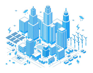 Isometric smart energy city. Modern urban district with skyscrapers, apartment and public buildings. Alternative clean power for life town, nifty vector concept