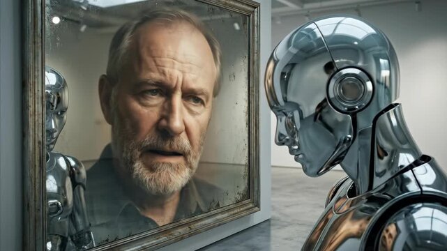 Man observing his metallic robotic reflection in a mirror. Sci-fi sequence showing human facing android double. Futuristic identity and transformation concept