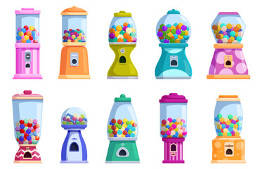 Cartoon candy machine. Vending machines with colorful gumballs and candies. Sweets in glass dispenser for office, mall, stores, kids zones, sapid vector set