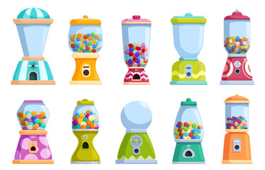 Gumball vending machine. Colorful candies or bubblegum in glass dispensers. Kids containers for market, stores, shopping mall, sapid vector clipart
