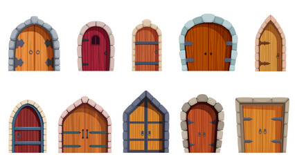 Cartoon castle doors. Medieval wooden door with iron elements and stone arches. Fairy tale building entrances, old style architecture details, sapid vector set