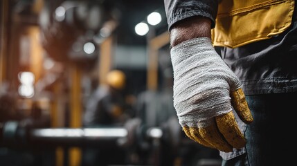 Industrious Worker's Battle Scar: A close-up captures a worker's bandaged hand, symbolizing the dedication, risk, and hard work inherent in industrial labor. 