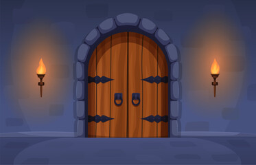 Medieval entrance. Old wooden door in stone wall with torches. Entrance in castle, vintage palace, village. Fairy tale cartoon landscape, sapid vector scene