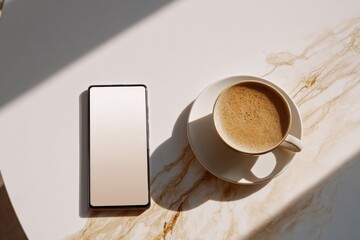 A smartphone sits beside a cup of coffee on a table with marble pattern in bright morning light