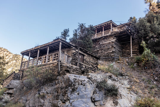 Traditional Kalash houses of Grum village in Rumbur valley, Pakistan