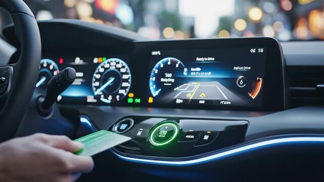 Advanced features of a futuristic car dashboard come to life as a user interacts with a sleek interface. The vibrant lighting and dynamic displays create an immersive, tech-driven atmosphere.