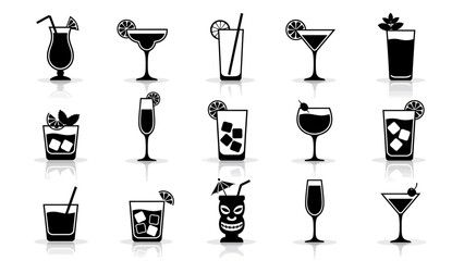 Collection of Various Alcoholic and Non-Alcoholic Beverage Icons, Perfect for Menus and Bar Signage