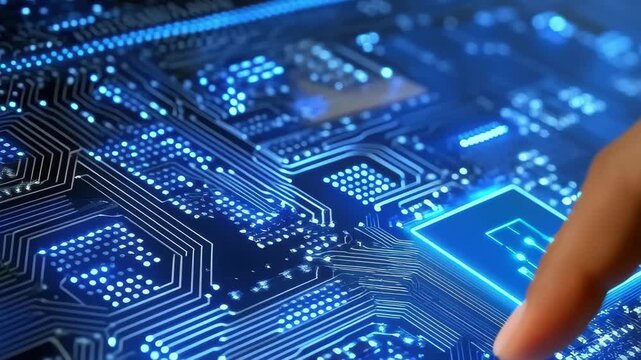 A hand is reaching towards a illuminated blue circuit board, illustrating the intricate details of modern electronics and technology. This close-up highlights digital innovation.