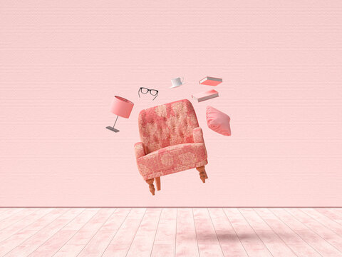 Pink armchair and objects floating in living room symbolic of relaxation