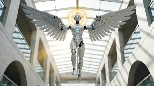 Robotic angel with glowing wings spreads arms in grand atrium. Futuristic cyborg seraphim hovers in architectural hall. Digital animation of mechanical divine being ascending in modern space.