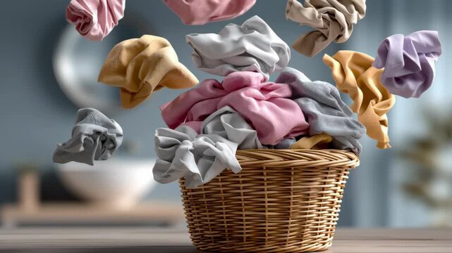 A basket full of clothes is flying through the air. The basket is overflowing with various colored clothes, including pink, white, and gray. Concept of chaos and disarray