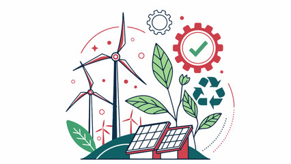 Modern illustration of sustainable energy solutions, featuring wind turbines, solar panels, and green technology for environmental protection and a clean future
