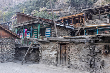 Fototapeta premium Traditional Kalash houses in Balanguru village in Rumbur valley, Pakistan