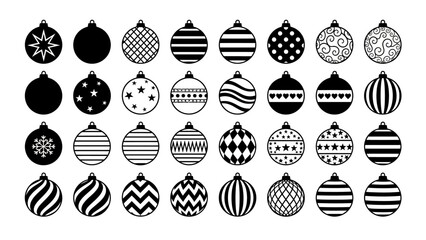 Collection of festive black and white Christmas ornament vector icons, featuring various decorative patterns for holiday designs, winter celebrations, and seasonal greetings © Jonathan