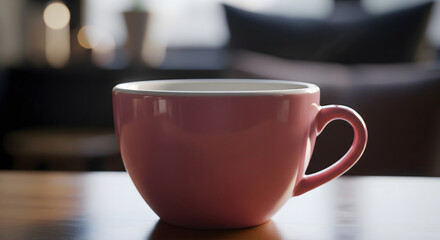 Cozy Cup of Tea: A single, inviting, rose-colored ceramic mug sits on a polished wooden table, the soft glow of natural light caressing its form, hinting at warmth and comfort.