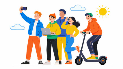 Group of friends with gadgets and scooter © RW