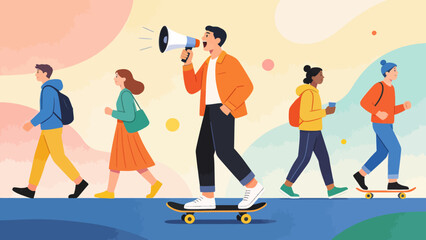 People walking with one on skateboard © RW