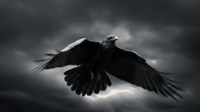 Dark raven glides beneath stormy clouds, wings spread wide as pale light edges dark horizons ahead.