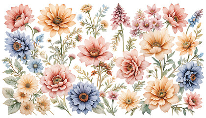 Premium Watercolor Botanical Floral Elements Isolated on White Background 