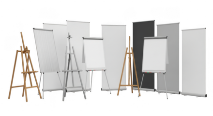 Assorted easels and display boards in various sizes and styles isolated on transparent background