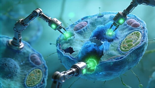 Microscopic bots treating cells, microscopic science, medical nanotech, healthcare research photo, nanobots.