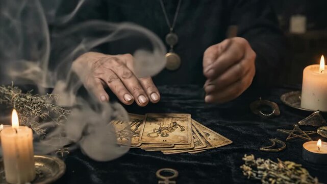 Man performing tarot card reading in dimly lit ritual. Fortune teller shuffling and revealing cards amid smoke and flickering candles. Mystical divination session with occult atmosphere.