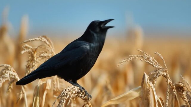 Black crow perched on a wheat stalk in a sunlit golden field beneath a clear blue sky. in soft light