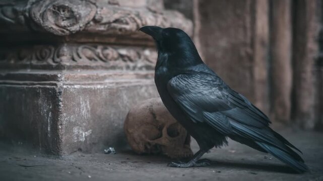 A dark crow perches beside weathered stone columns, shaded amid ancient ruin shadows, dusk fades in