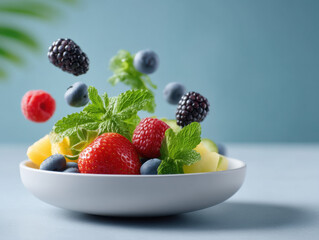 Fresh berry fruit salad levitating with mint leaves