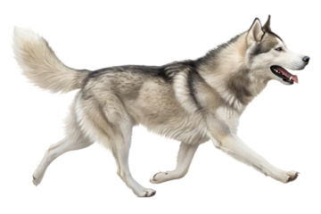 Siberian husky walking forward in motion. Dynamic realistic dog pose isolated on transparent background, PNG.