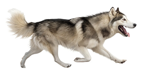 Siberian husky walking forward in motion. Dynamic realistic dog pose isolated on transparent background, PNG.