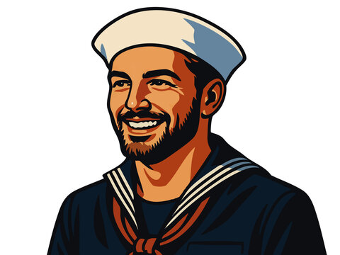 cheerful bearded slor in classic striped navy uniform, perfect for nautical, vintage, or maritime themes. raster colorful pop art illustration.