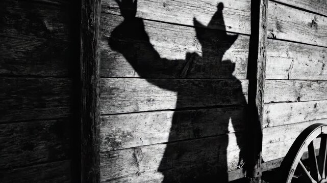 Circus clown casting elongated shadow on wooden wagon panels. Performer in hat extends arm in dramatic pose. Traditional big top silhouette show for entertainment.