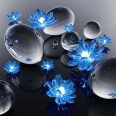 Luminous botanical spheres, a tranquil blend of digital flora and refractive orbs